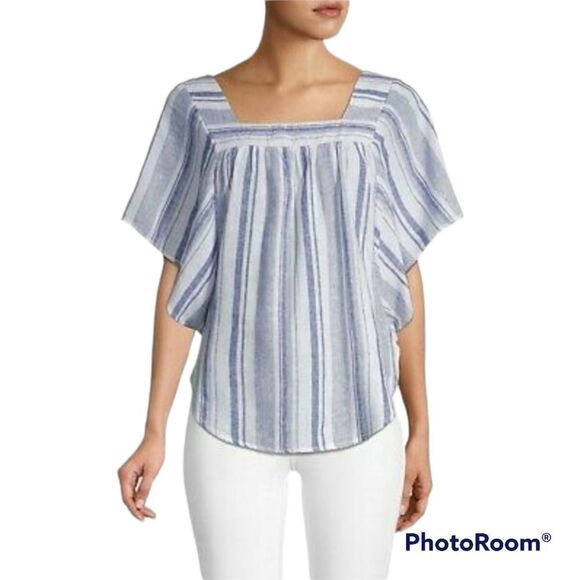 BeachLunchLounge Zoey Blue Striped Square Neck Short flutter sleeves top - Picture 1 of 7